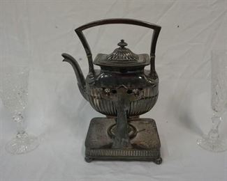 1173 LOT OF SILVER PLATE TEAPOT W/HOLDER & WARMER, 2 PIECES OF STEMWARE
