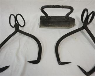 1186 LOT 2 ICE TONGS & LARGE IRON

