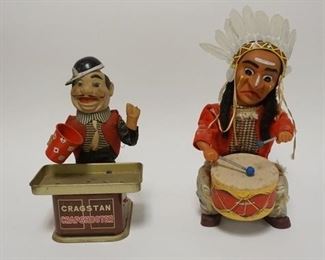1196 2 BATTERY OPERATED TOYS CRAGSTON CRAPSHOOTER & INDIAN DRUMMER, DICE MISSING & BROKEN FINGERS ON CRAGSTON, TALLEST IS 12 IN
