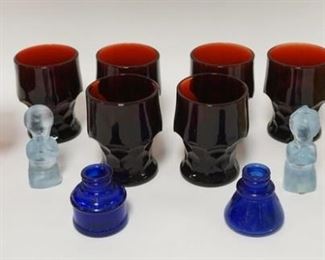 1215 COLORED GLASS LOT INCLUDES 6 RED GEORGIAN TUMBLERS
