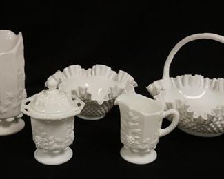 1224 5 PIECE MILK GLASS LOT, PITCHER IS 9 IN HIGH
