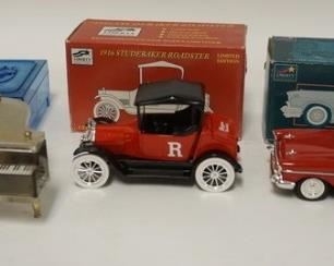 1255 LOT OF THREE MUSIC BOXES & TWO RUTGERS CAR BANKS 

