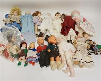 1268 LARGE LOT OF 16 DOLLS INCLUDING GERMAN BISQUE HEAD & MISC DOLL PARTS 
