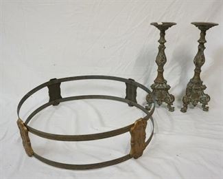 1271 TWO BRONZE LAMP BASES & METAL RING FOR HANGING DOME 
