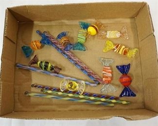 1290 LOT OF GLASS SWIZZLE STICKS & DECORATIVE CANDY 

