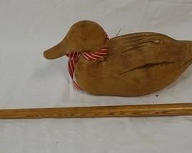 1291 CARVED DUCK DECOY & WALKING STICK W/ BRASS HANDLE
