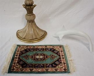 1292 THREE PIECE LOT HANGING WALL SHELF, SMALL TABLE RUG & DOLPHIN SCULPTURE 
