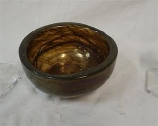 1297 GLASS LOT INCLUDING ART GLASS BOWL & TWO CRYSTAL CANDLE STICKS
