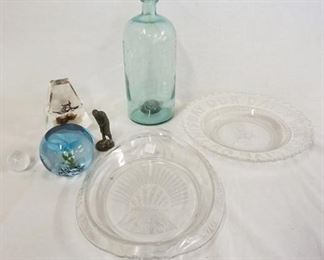 1313 ASSORTED GLASS/METAL LOT-2 PATTERN GLASS BREAD PLATES, OLD BOTTLE, 3 PAPERWEIGHTS (BLUE ONE IS CRACKED), & METAL GOLFER
