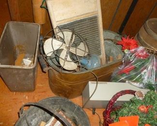 old fan, copper kettle, wash board