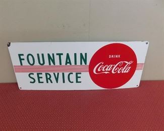 1950's Porcelain Fountain Service Coca Cola Door Kick Sign(12" Tall and 30" Wide)