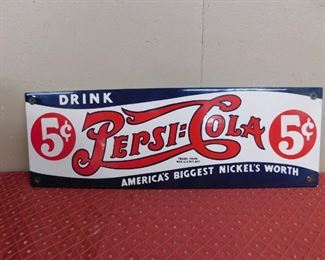1927 Pepsi Cola 5 Cent Porcelain Sign(Bierman Sign/6" Tall and 18" Wide)