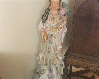 Kwan Yin porcelain and bisque.  Lotus and turtle. 55”.  