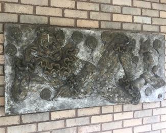 Big cast stone plaque. Clown, balloons, and puppy   Signed HS 