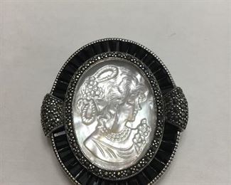 Sterling, MOP, marcasite cameo brooch pendant 
