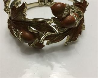 Vintage gold tone and enamel clamper bracelet.  Acorns and leaves. 