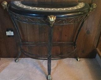 Vintage figural Ram’s head and hooves brass and marble demi lune console table 