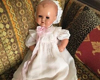 Turtle mark Schildkrot celluloid baby doll.  Glass eyes.  Original christening gown.  