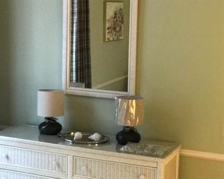 White wicker bedroom set, matching queen headboard,  2 nightstands, 1 dresser, 1 mirror 