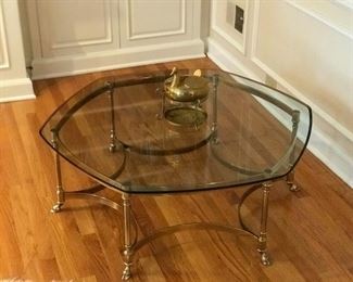 Large, hexagon, glass coffee table with brass legs, Labarge? 