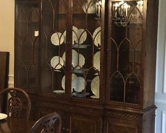 Large, Henredon China Cabinet, Gothic, Glass Shelves, two lower cabinets with three drawers