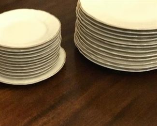 Bernnadotte Ivory by Baum Bros, china, dining ware, set of 12 dinner and salad plates, gold detail