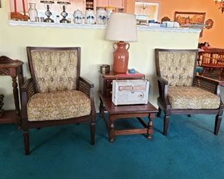 These are wonderful 70's Cane Side Chairs with lots of Style and Flair. Lamp Table. Pottery Lamp. 