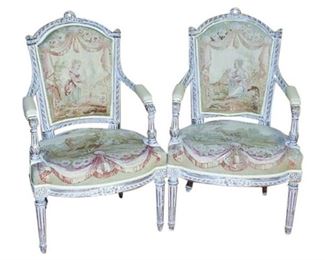 Pair of Tapestry Covered Louis XVI Style Fauteuils