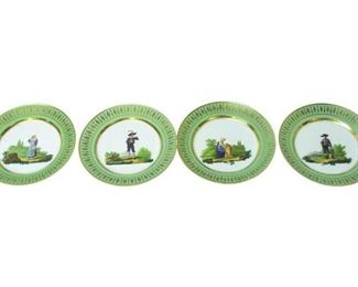 Four 4 DAGOTY Paris Ethnographic Green Ground Porcelain Plates