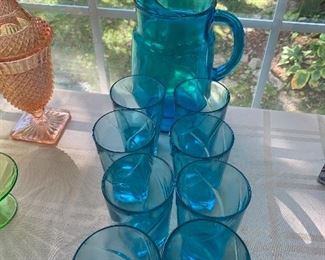 Blue glass pitcher and glasses