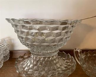 Fostoria punch bowl, cups, under tray, stand 