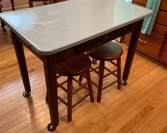 1920s robin egg blue one drawer enamel top kitchen table -a wonderful piece!