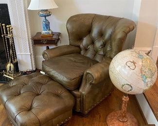Century leather chair and ottoman, Replogle globe on stone base