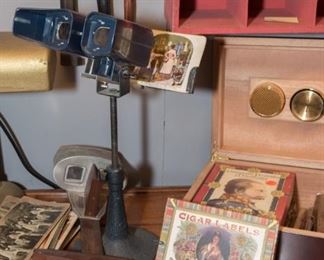 Vintage Stereoscope on Stand w/Photos, Wooden Cigar Boxes