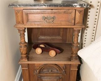 Pair of French Marble Top Oak Nightstand