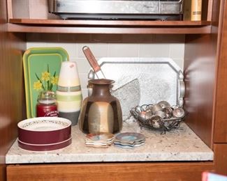 Variety of Kitchen Items Including Crate and Barrel Plate Set and Tea Infusers