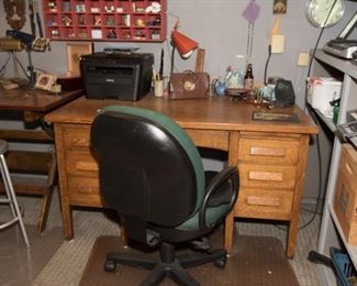 Oak Office Desk, Vintage Wall Clock, Epson Printer, Variety of Office Supplies