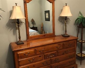 WOOD DRESSER WITH MIRROR, PAIR OF CANDLE STICK LAMPS