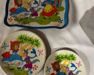 Child’s metal seven piece little red riding hood dishes
