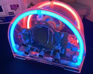Vintage Neon Clear See-through AM/FM Radio With Cassette Model 8802C 11.5x6.5x9 HxWxD D952