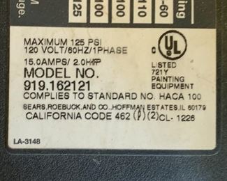Craftsman Air Compressor 2HP 12 GAL 919.162121 26x18x32in HxWxD 19651