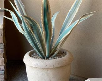 Large Cast Stone Planter/Pot w/ Faux Agave 23in H x 24in Diameter HxWxD 19628