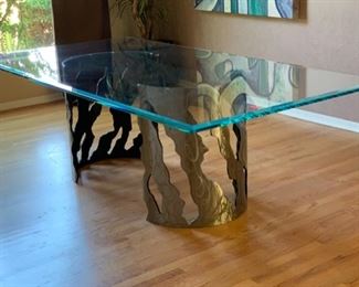 Huge Contemporary Glass Top Brushed Metal Pipe Dining Table 30x48x96in HxWxD 19555