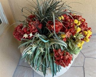 #1 Large Cast Stone Planter/Pot w/ Faux Flowers 25in H x 28in Diameter 19533