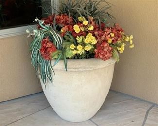 #1 Large Cast Stone Planter/Pot w/ Faux Flowers 25in H x 28in Diameter 19533