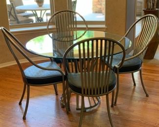 Arthur Umanoff Shaver-Howard Steel & Glass Contemporary Dining Table w/ 4 Chairs Table: 30x47in Diameter Chairs: 40x23x22in 19531