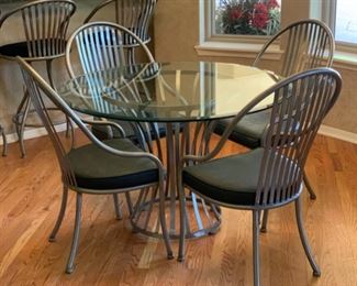 Arthur Umanoff Shaver-Howard Steel & Glass Contemporary Dining Table w/ 4 Chairs Table: 30x47in Diameter Chairs: 40x23x22in 19531