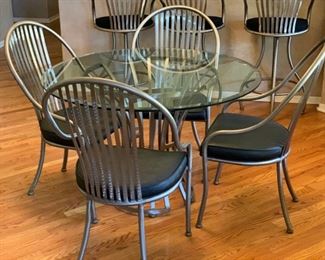 Arthur Umanoff Shaver-Howard Steel & Glass Contemporary Dining Table w/ 4 Chairs Table: 30x47in Diameter Chairs: 40x23x22in 19531