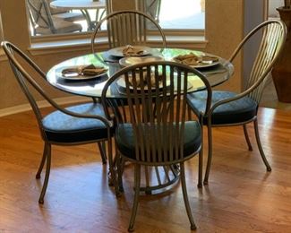 Arthur Umanoff Shaver-Howard Steel & Glass Contemporary Dining Table w/ 4 Chairs Table: 30x47in Diameter Chairs: 40x23x22in 19531