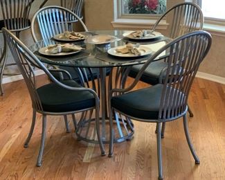 Arthur Umanoff Shaver-Howard Steel & Glass Contemporary Dining Table w/ 4 Chairs Table: 30x47in Diameter Chairs: 40x23x22in 19531